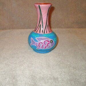 Vtg Mexican Talavera Pottery Vase Hand Painted Fish Folk Art Reversible Colors
